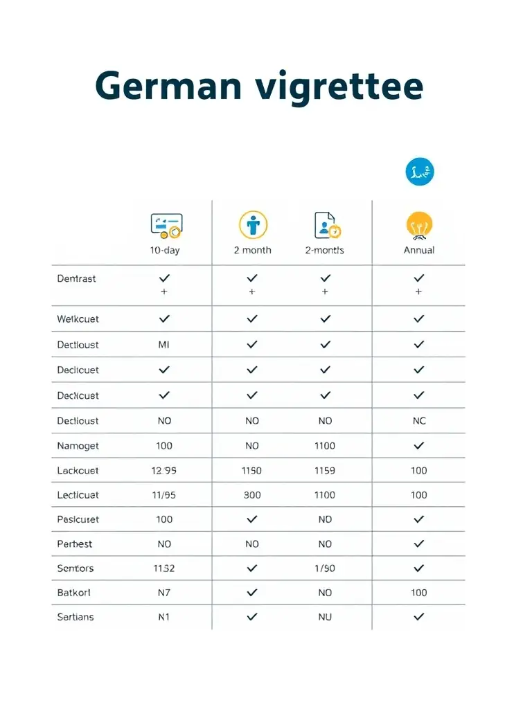 A table comparing different types of German vignettes (e.g., 10-day, 2-month, annual) with their respective prices and validity periods.