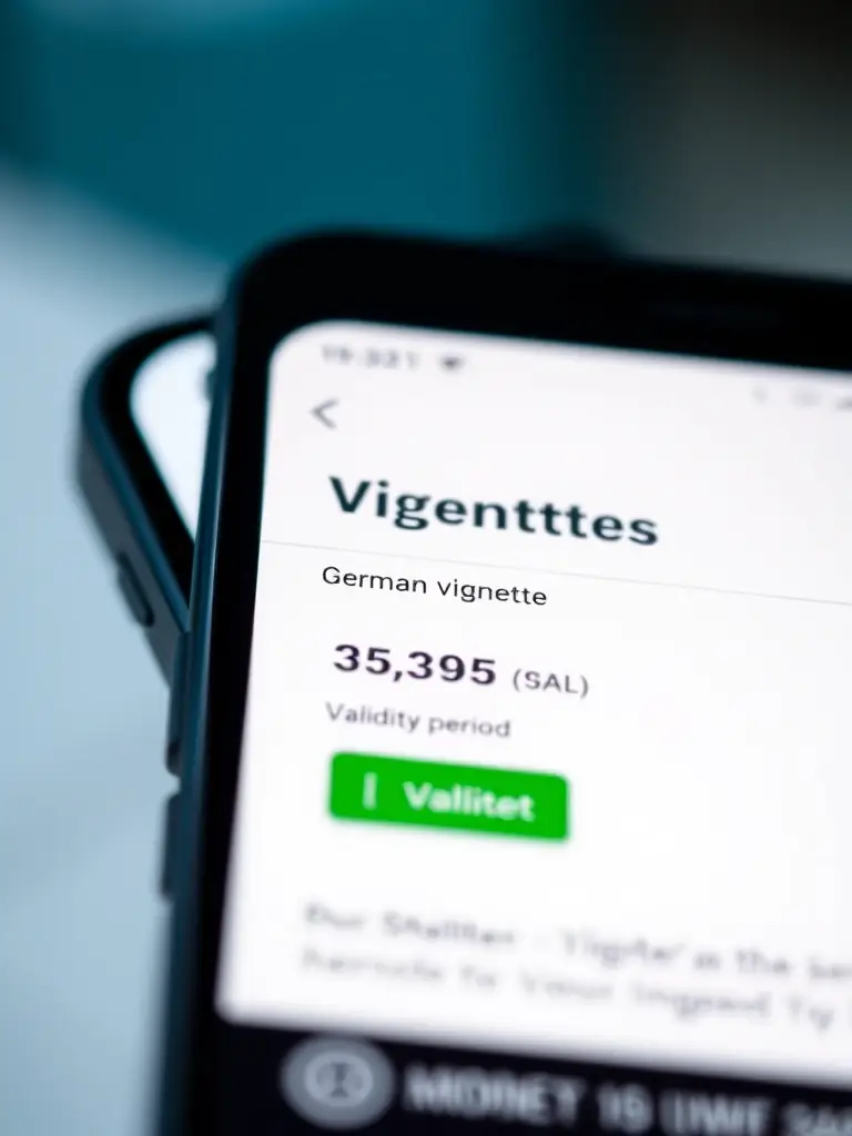 An infographic explaining the process of purchasing a German vignette, including online options, points of sale at border crossings, and authorized retailers.